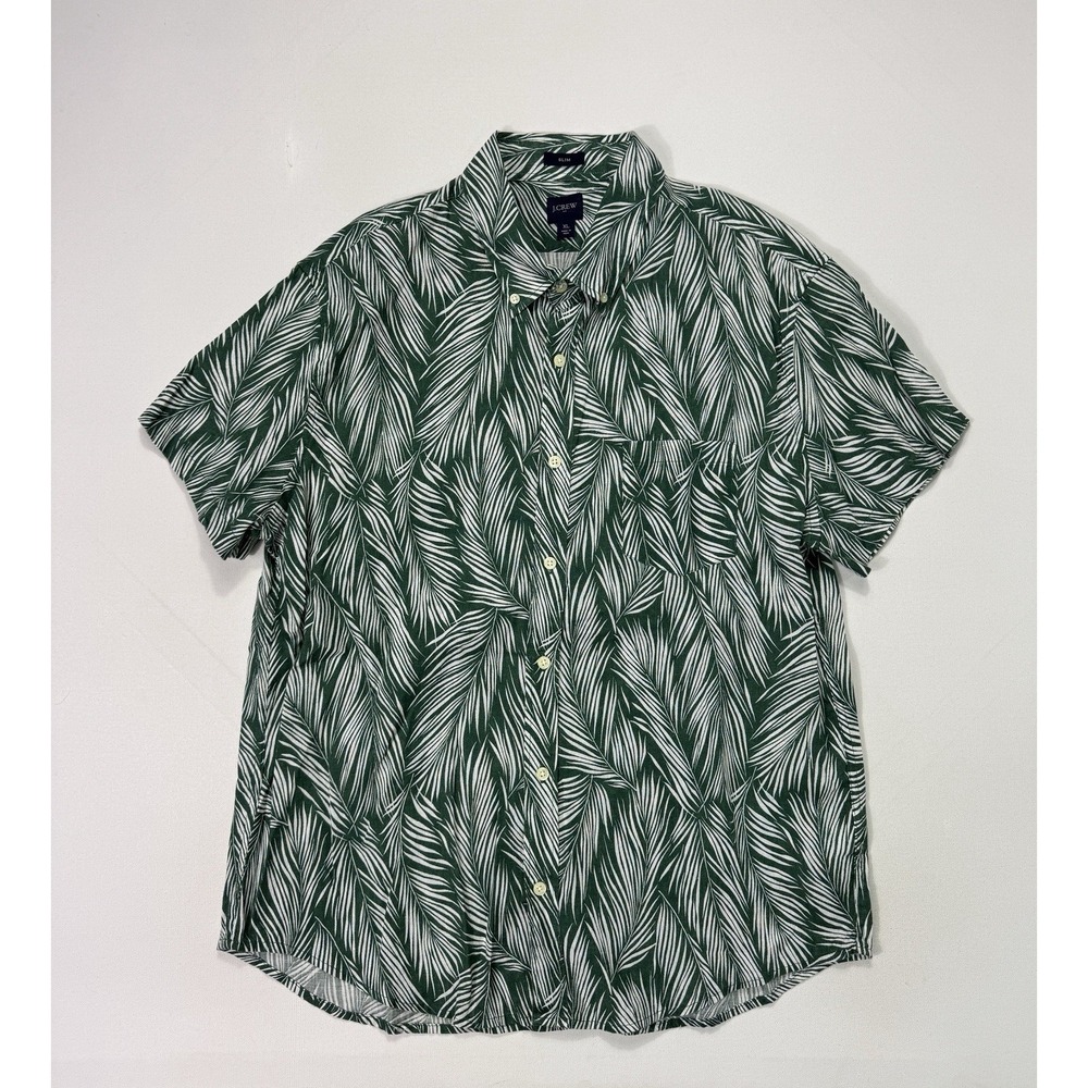 J Crew Mens XL Slim Fit Linen Cotton Green White Palm Leaf Floral Tropical Shirt